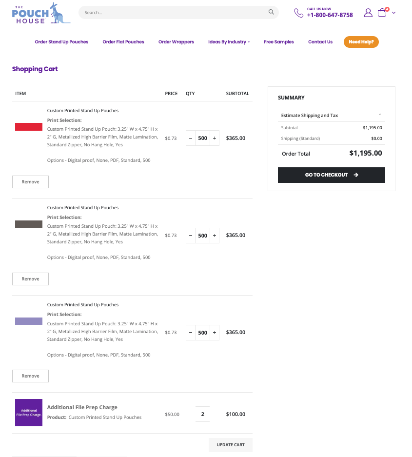 mult sku flavor checkout shopping cart for the pouch house