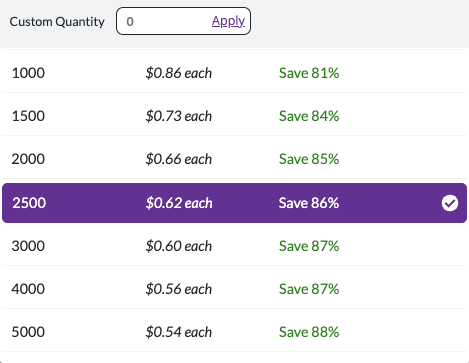 lower unit costs at larger pouch quantities 