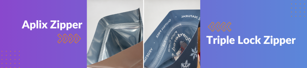 comparing a triple lock zipper with an aplix zipper on a stand up pouch