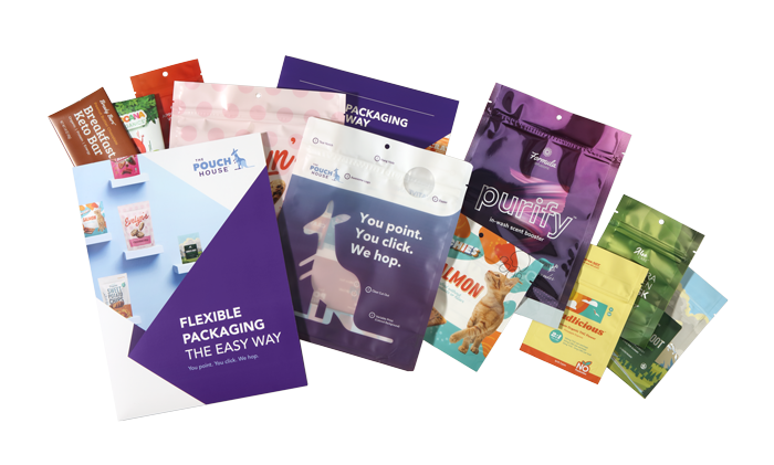 image of stand up pouch sample kit and pouch examples