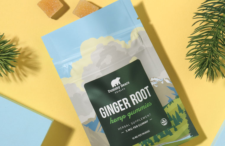 hemp gummy pouch with ginger root and tree branches