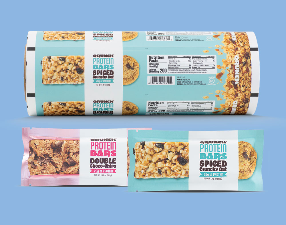 protein bar wrappers next to printed roll stock