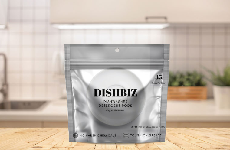 silver stand up pouch for dish pods in kitchen