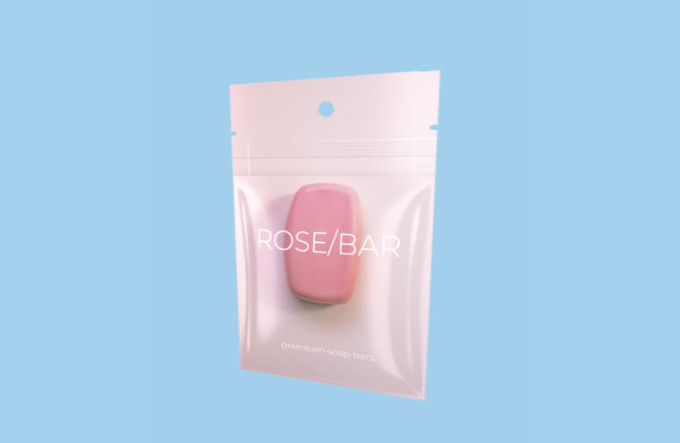 pink soap stand up pouch with blue background