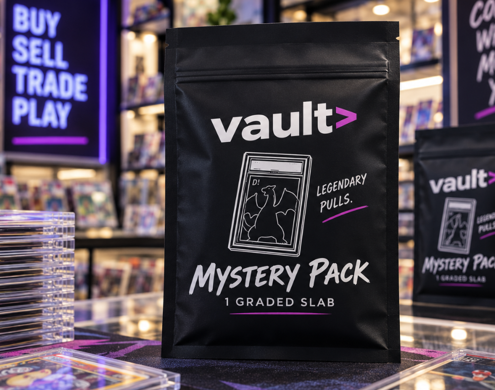 black printed trading card packaging tcg in collectible shop