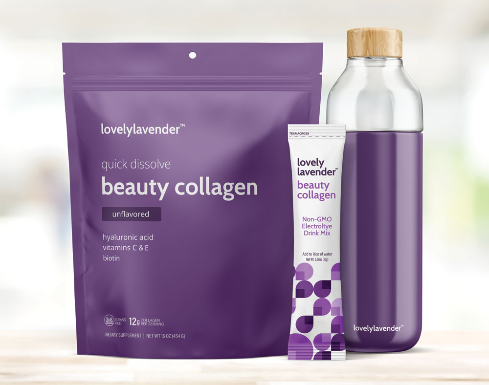 purple stick pack with stand up pouch and water bottle